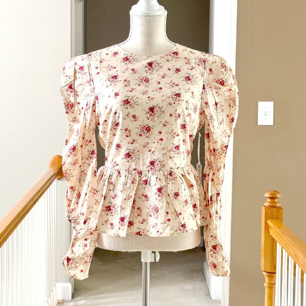 Hyacinth House Ava Floral Peplum Blouse Cream Pink Rose Puff Sleeve XS
